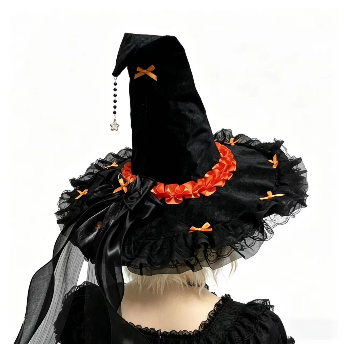 Halloween Cosplay Gothic Style Black Witch Hat with Mini Skull Decoration and Mesh Trim  and Party Fun