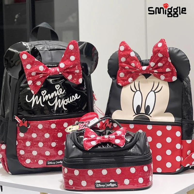 Genuine Australian Smiggle Black Red Dot Minnie School Bag Student Stationery Lunch Bag Pull Rod School Bag Wallet Student Gift