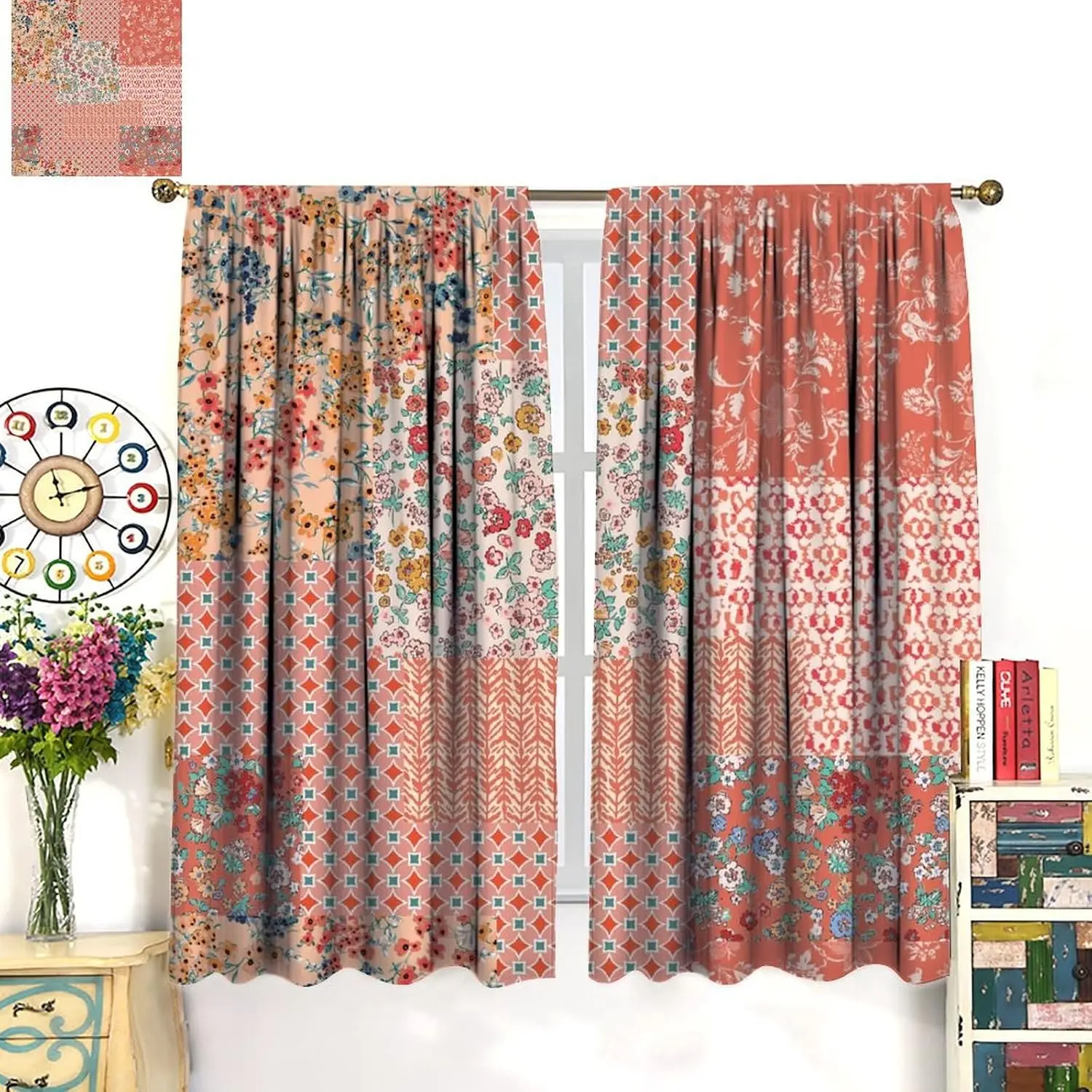 Terracotta Floral Patchwork Blackout Curtain Multi Small Flower Geometric Splice Drape For Cottage Bedroom Sweet Warm Homestay