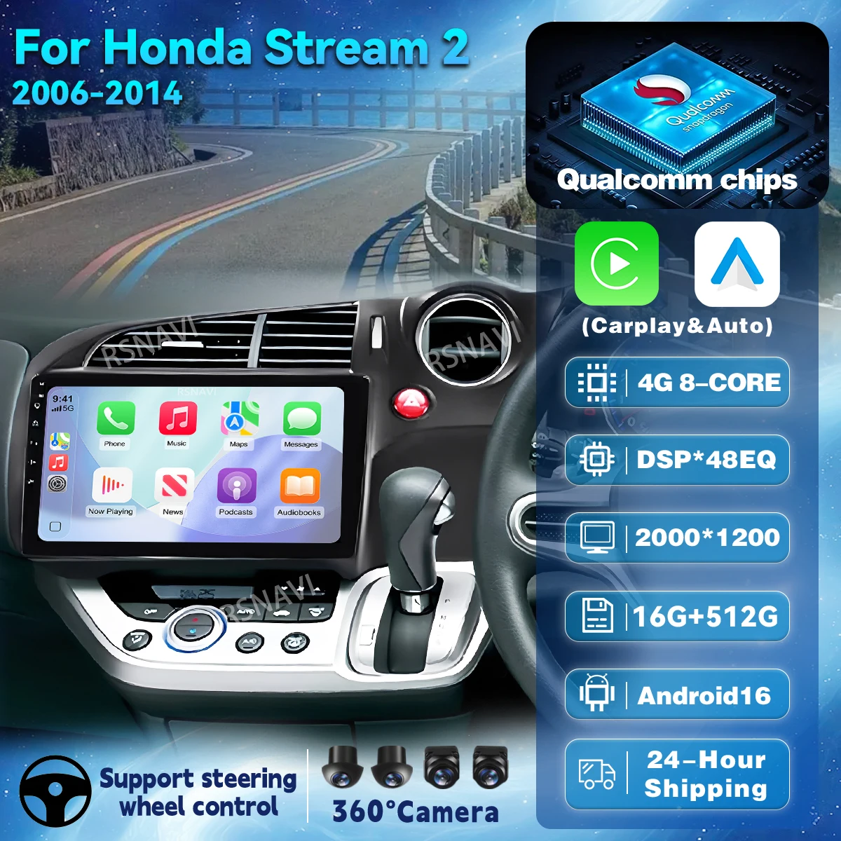 Android 16 Carplay Auto Car Radio Multimedia For Honda Stream 2 2006 - 2014 WIFI+4G Player DSP Autoradio Stereo 2Din Head Unit
