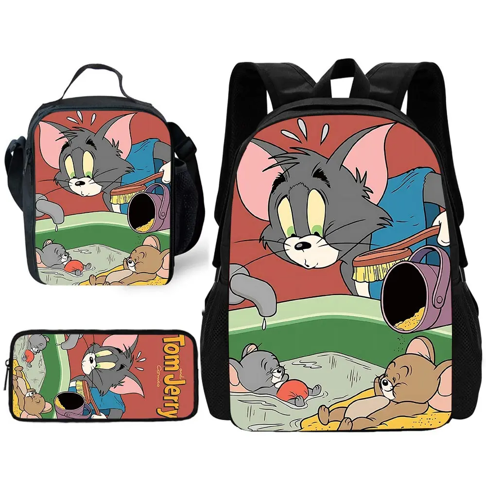 Funny Cartoon Child School Backpack with Lunch J-JerryS Bags ,Pencil Bags ,School Bags for Boys T-TomS Girls Best Gift