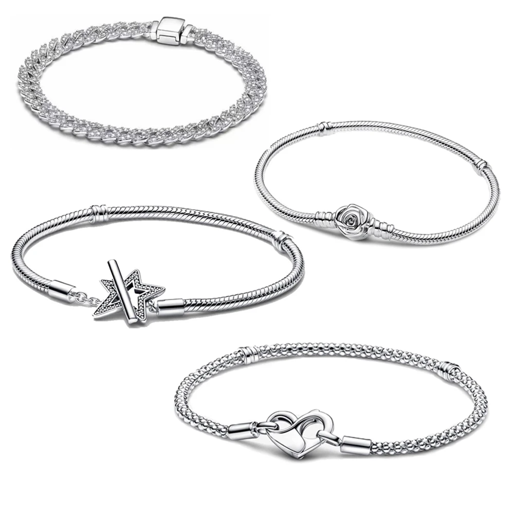 Fashionable 925 Silver Plating Zirconia Chain&Hollow Heart Lock&Rose&Star Bracelet Ladies' Classic DIY Basic Accessories