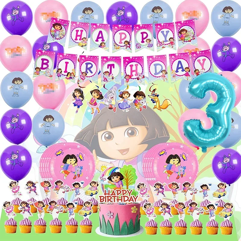 Dessin animé Dora l'explorateur enfants fête d'anniversaire décoration ballon vaisselle ensemble avec tasses couteaux fourchettes et fond inclus