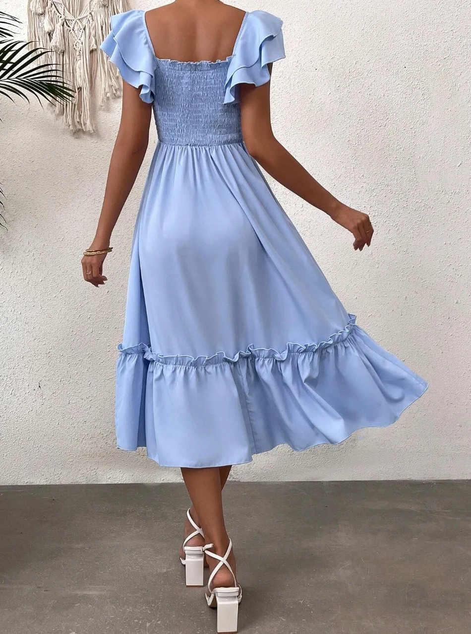 Abito lungo floreale Boho alla moda 2025 Abito da spiaggia con maniche a pipistrello da donna Abito estivo senza schienale con scollo a V Abito estivo da vacanza Abito blu