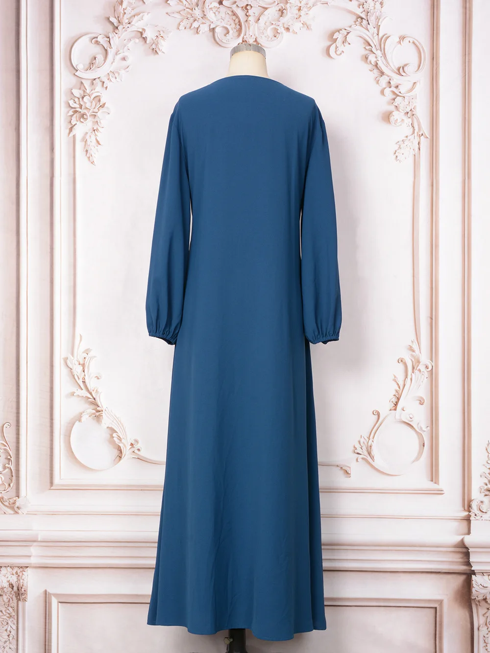 Classic Embroidery Blue Women Jalabiya Arabic Dress Modest Muslim Abaya-Square Neckline, Long Sleeve Elastic Cuff, Side Lace Up