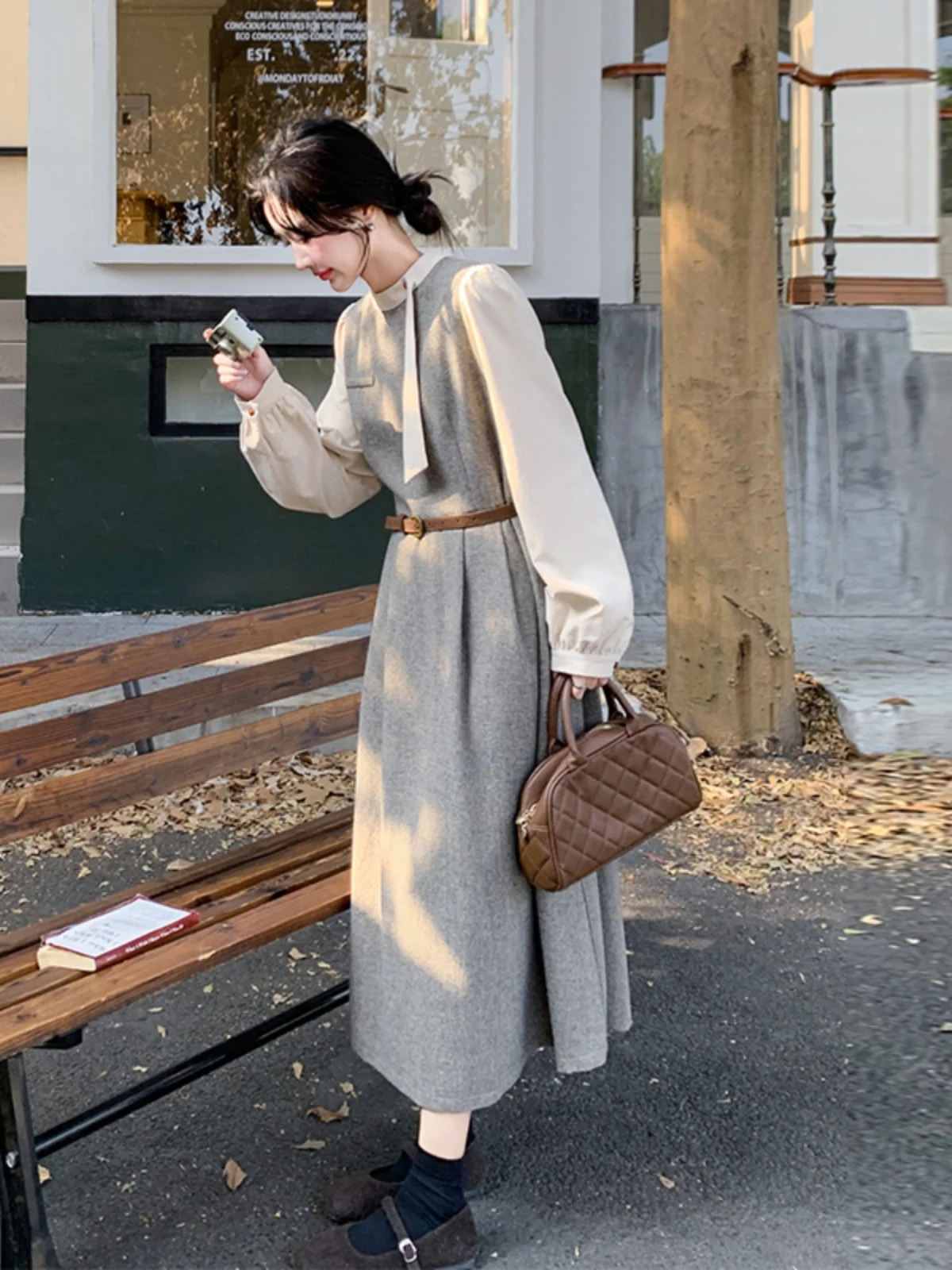 

French Style Long Sleeve Dress Women's Spring Autumn High Waist Slim Fit Long Dress Fake Two-Piece A-Line Skirt