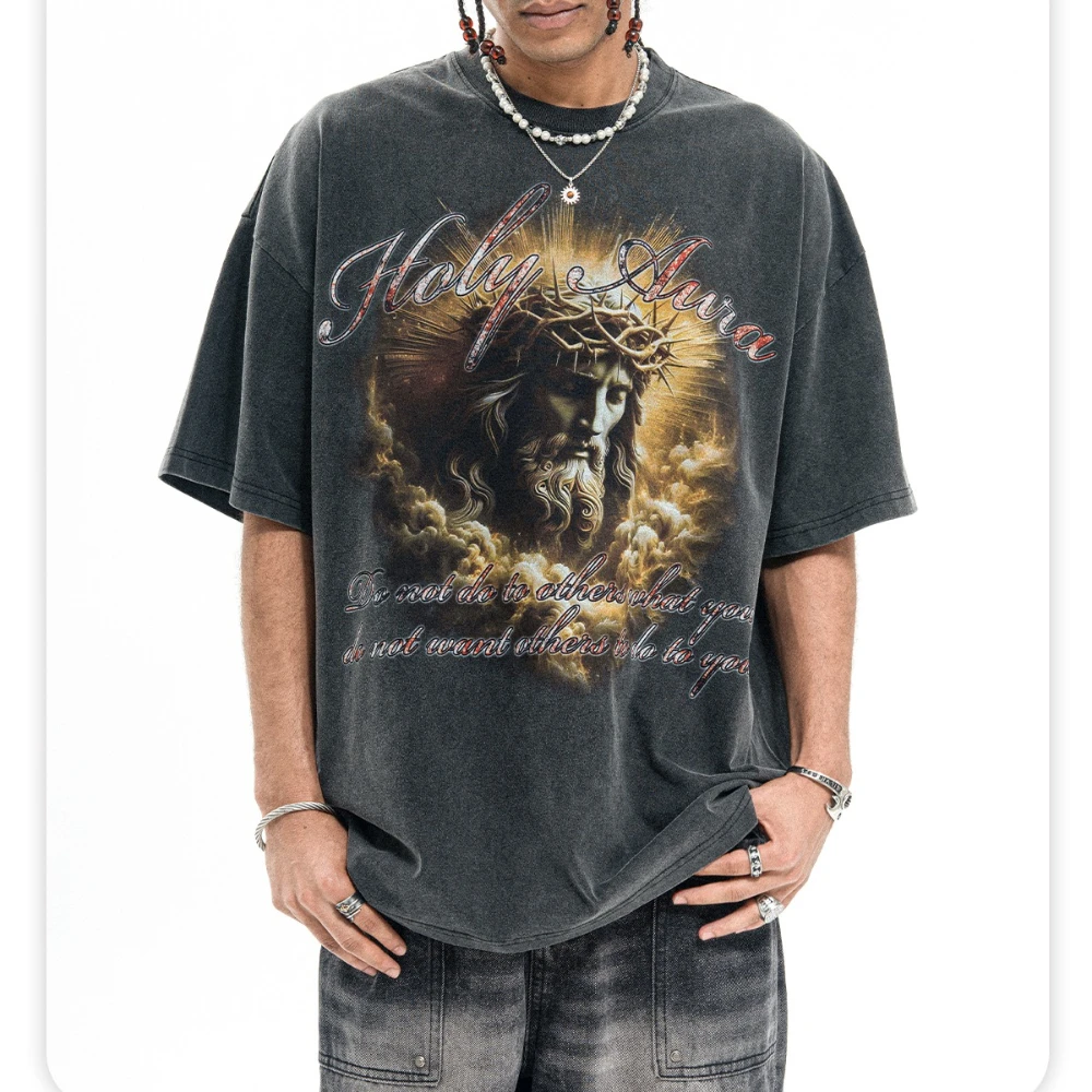 تي شيرت رجالي أمريكي بأكمام مغسولة، ملابس شارع عصرية مطبوعة على الطراز الوطني من القطن بنمط عتيق جرافيك نصف كم #1