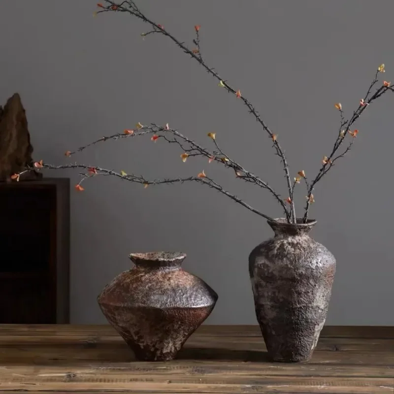 Pottery Pot Vase Retro Zen Tea Room Dining Table Ornaments Antique Pottery Flower-arranging Ware Hydroponic Porcelain