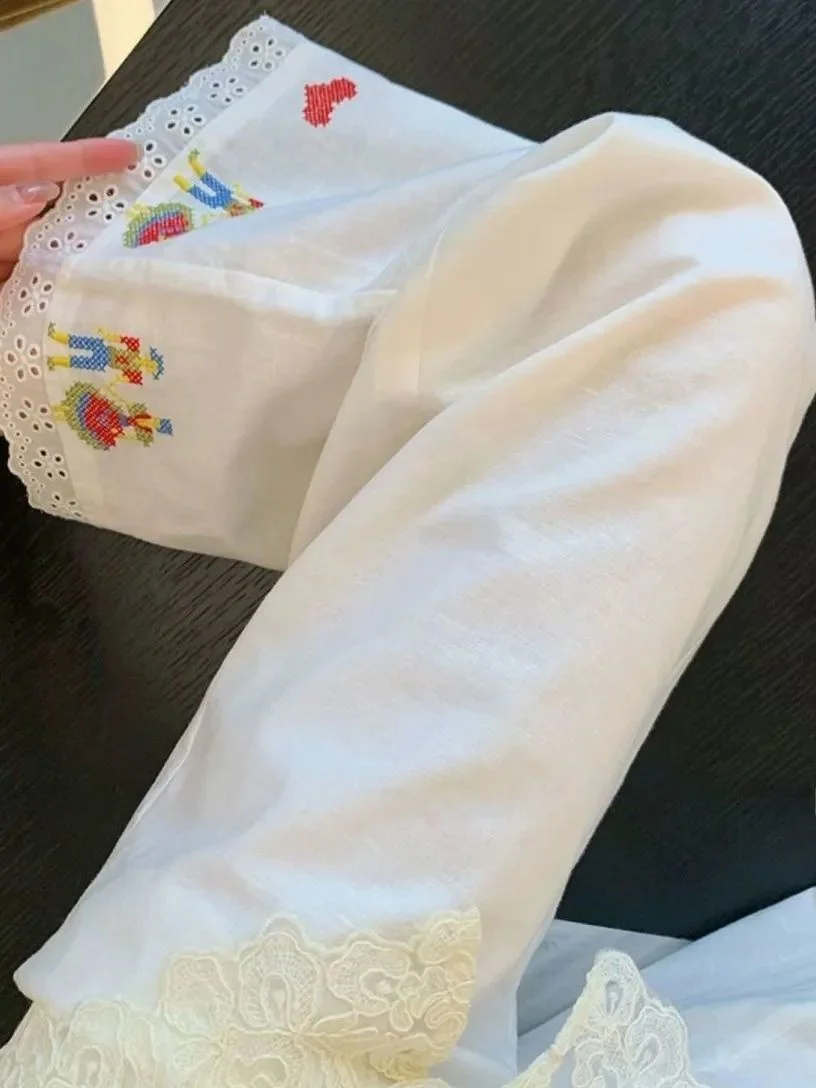 

Брюки больших размеров с высокой талией и широкими штанинами, хлопково-льняные, с вышивкой и кружевом, повседневные женские осенние длинные брюки, универсальные и модные