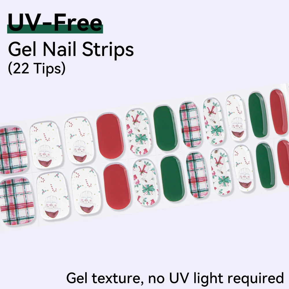 Tiras de uñas de Gel con forma de copo de nieve de Papá Noel, sin UV, 22 puntas, pegatinas de Gel autoadhesivas para uñas, decoración de manicura DIY roja y verde
