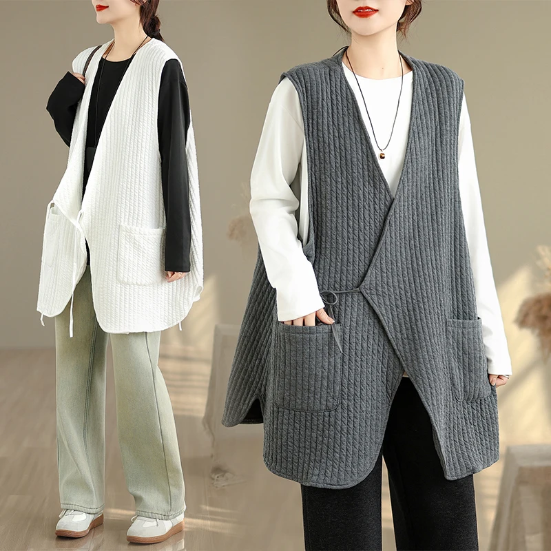 

Легкий китайский хлопковый жилет в стиле ретро, v-образный вышитый хлопковый жилет с завязками, открытый кардиган, женский топ Faion