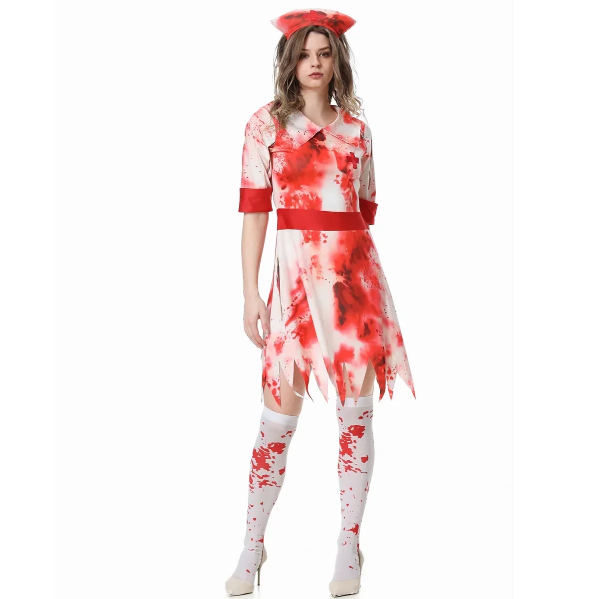 Halloween Cosplay Blutiger Zombie Krankenschwester Kleid Gruseliges Maskerade-Kostüm für Erwachsene