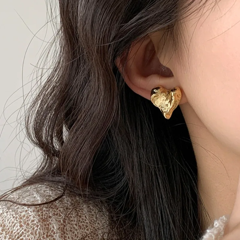 

S925 Women Fashion Gold Heart Earrings,Luxury Unique Handmade Textured Women Jewelry,Best Gift Jewelry for Holiday Dinner Party