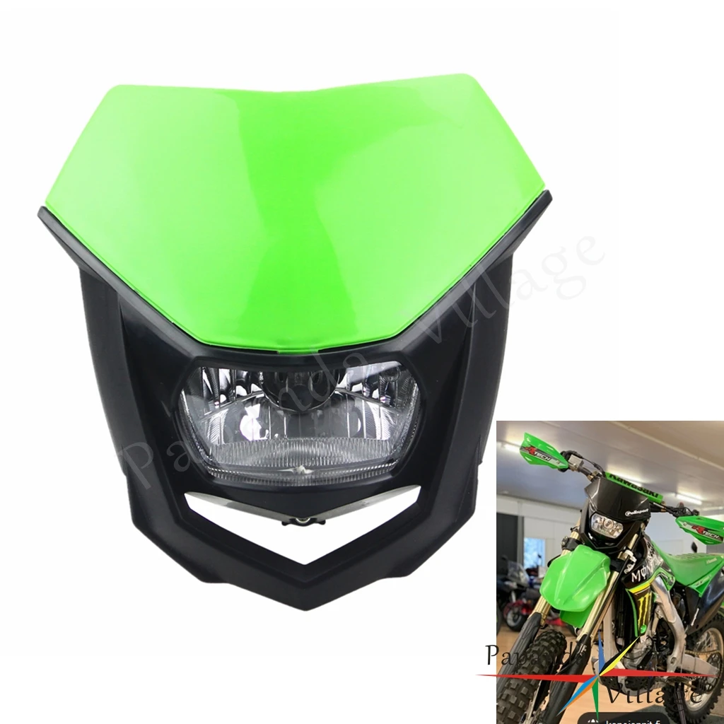 Green H4 12V Hi/ Lo Beam Motocross Headlight Head lamp Mask Dual Sport for Kawasaki KX KLX KXF 65 85 100 250 450 F 110 140 F 650