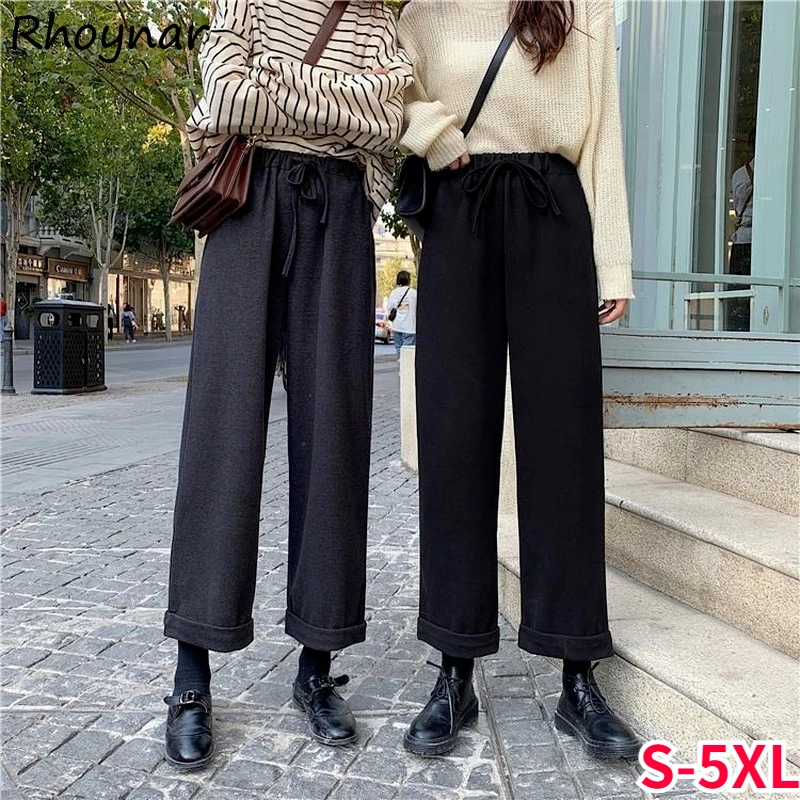 

Wide Leg Pants Women Woolen High Waist Loose Stylish All-match College Cozy Vintage Solid Popular Fashion Ulzzang Ins Trousers