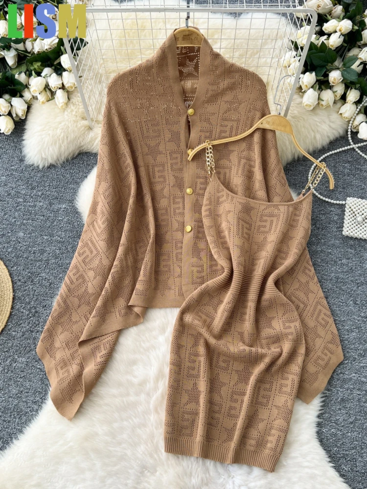 

LISM winter woman outfit knitted cape single-breasted coat and chain camisole dress casual high quality festivals two piece set