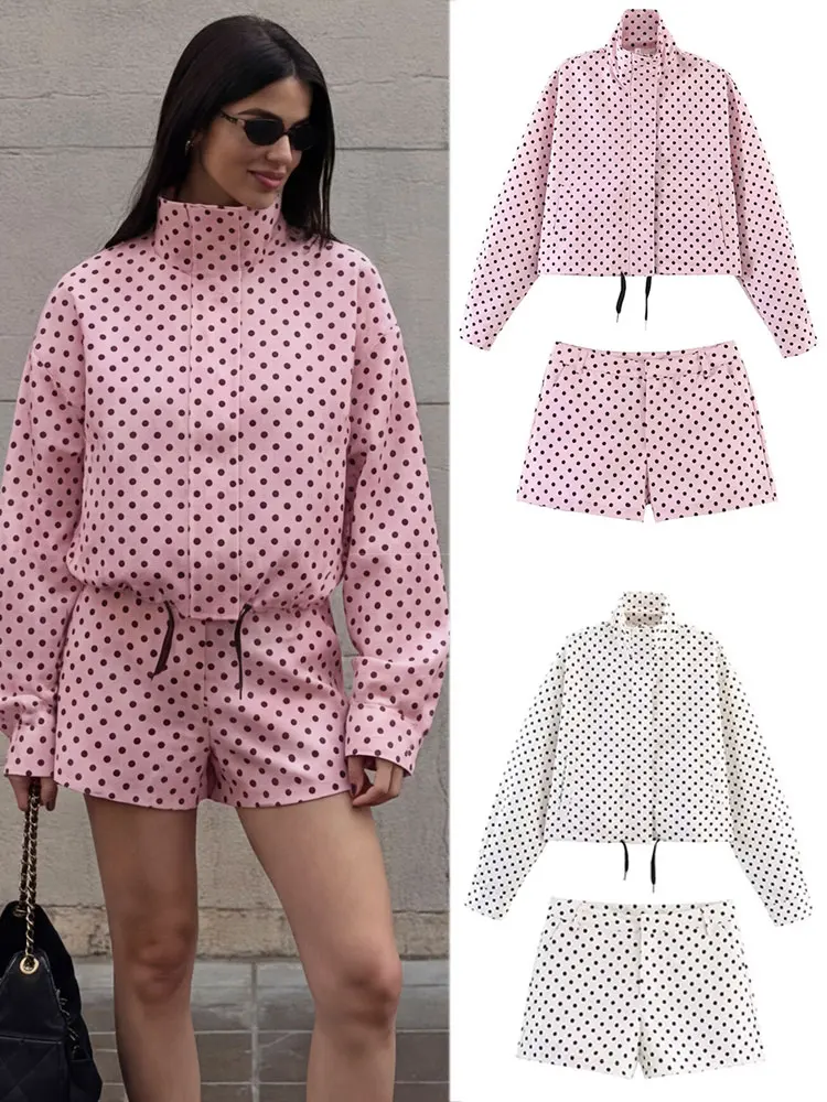 HH Damen Elegantes Rosa Gepunktetes 2-Teiliges Outfit Hochgeschlossene Kurze Jacke Hochgeschnittene Shorts Vielseitige Tägliche Streetwear für Frauen Set