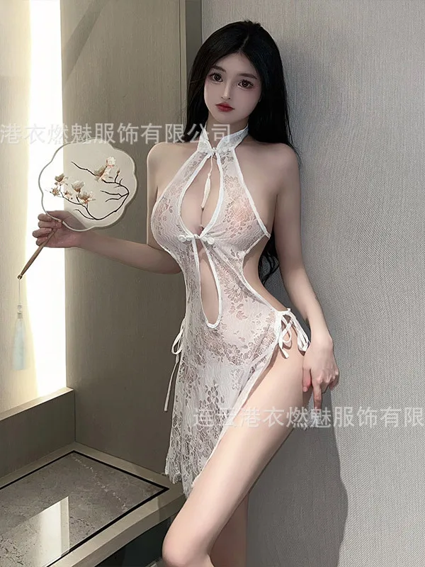 ชุดตาข่าย Sheer ใหม่ชุดชั้นในเซ็กซี่ลูกไม้ Cheongsam Hollow Out Hot Lace Up ชุดคริสต์มาสชุดผู้หญิง Tops CO7K