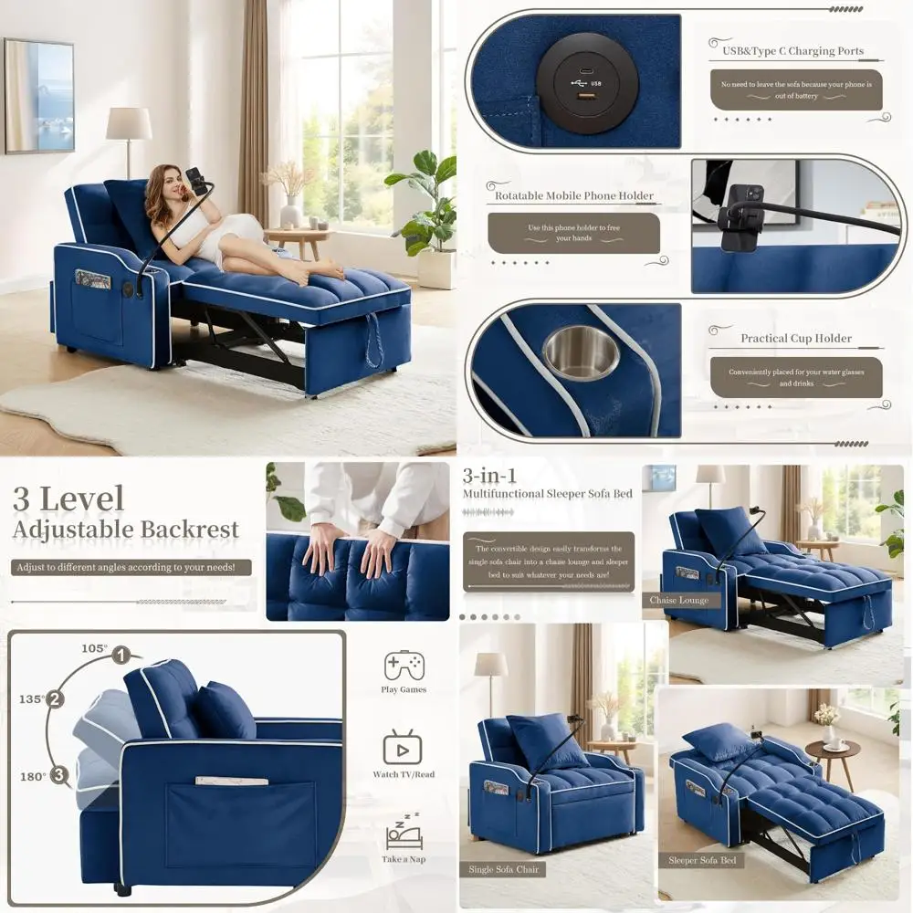 3-in-1 Velvet Futon Sofa Bed with Phone Holder and USB Ports, Single Small Convertible Sleeper Couch for Comfortable Reclining