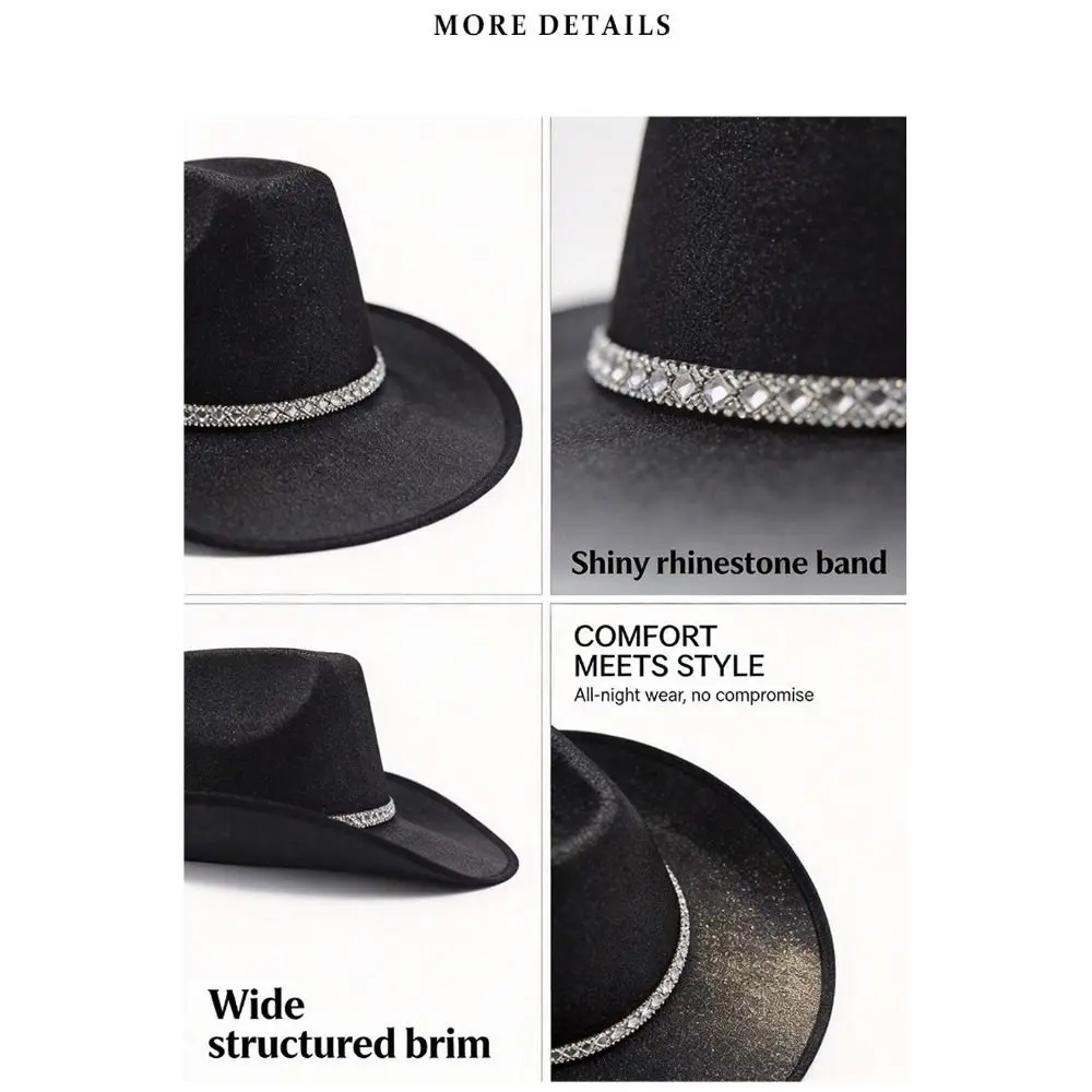 Sparkling Glitter Fabric Glitter Cowboy Hat Wide Curved Brim Rhinestone Band Wide Brim Hat Lightweight Structured Fit