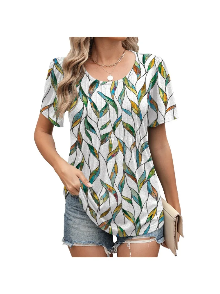 Printemps été femmes nouveau col rond plissé imprimé fleuri à manches courtes col rond t-shirt style décontracté t-shirts pour les femmes