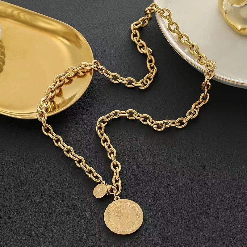 Kuziduocai Statement 316L Stainless Steel 2025 New Fashion Jewelry 50cm Retro Queen Coins Charm Chain Necklace Pendant For Women