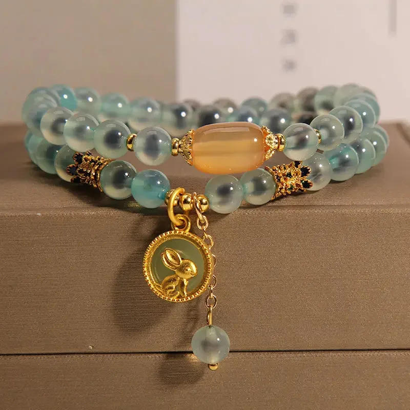 Candy Heart Blue Agate Double Circle Bracelet Female Light Luxury Vintage Jade Rabbit Multi-Layer HandString for Women's Gift