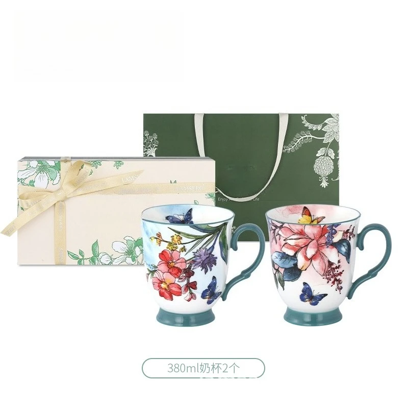 Water cup Ceramic coffee cup Mug Office housewarming with flowers and birds, pastoral retro milk, butterflies