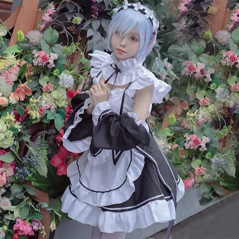 ชุดคอสเพลย์คอสเพลย์ Ram REM Lolita สำหรับแม่บ้านวิกผมอะนิเมะ Re: ZERO Kara hajimeru isekai seikatsu ชุดแม่บ้านฮาโลวีน