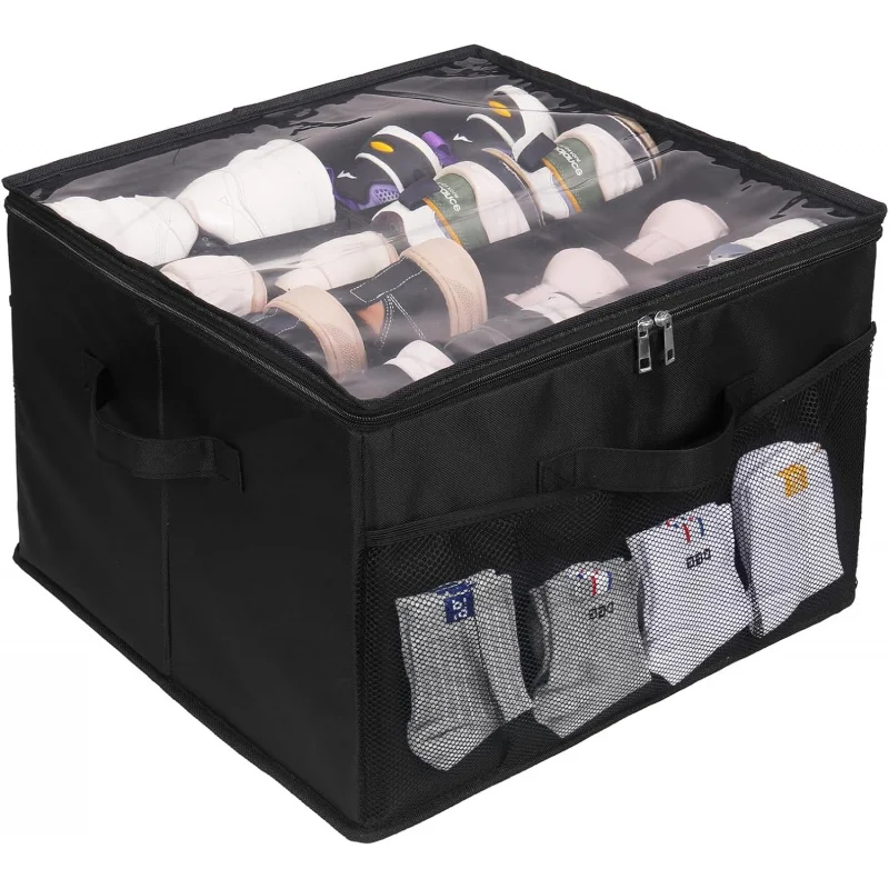 折りたたみ式シューズオーガナイザークローゼット、輸送カバー付き靴収納コンテナ、省スペースブラックシューズボックスオーガナイザーフィット16P