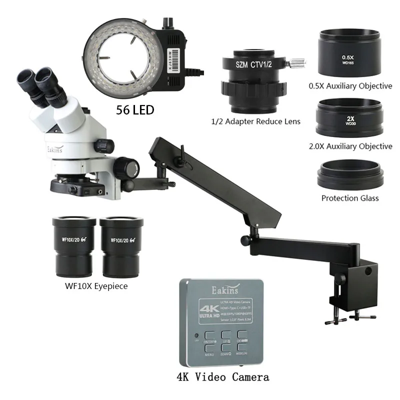 Microscopio stereo trinoculare industriale focale simul Tipo-c Interfaccia HDMI Uscita Videocamera 4K Obiettivo ausiliario 0,5X