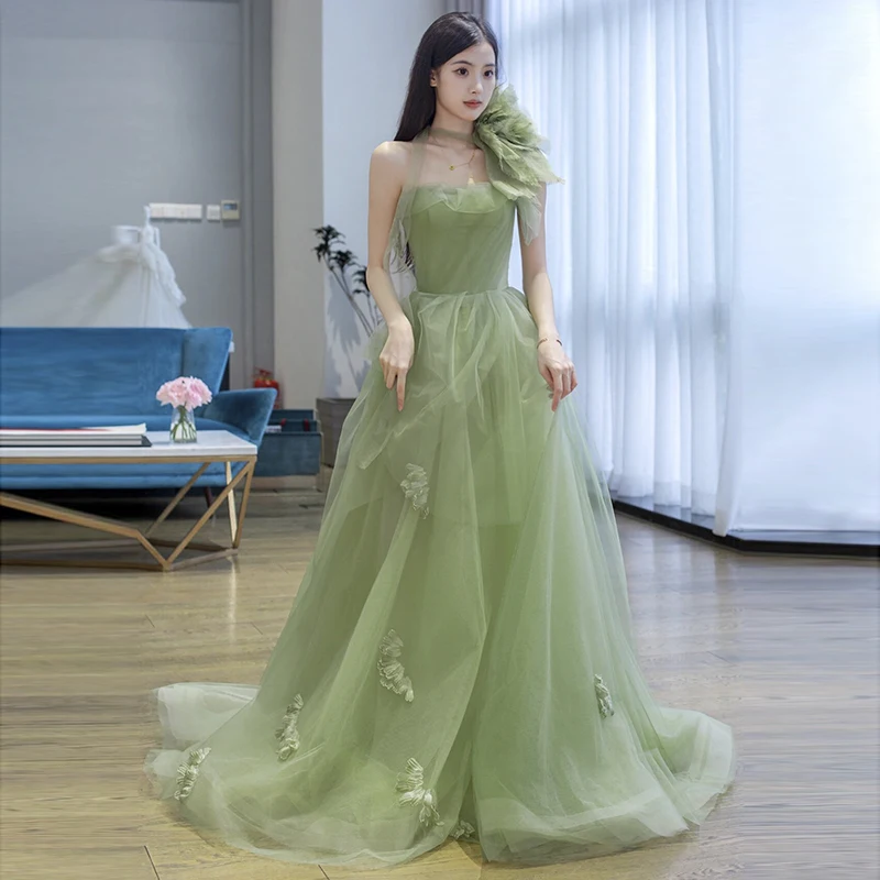 New Bridal Dresses Sexy Strapless A-line Wedding Dress With Small Train Green Tulle Simple Vestidos De Novia Customized