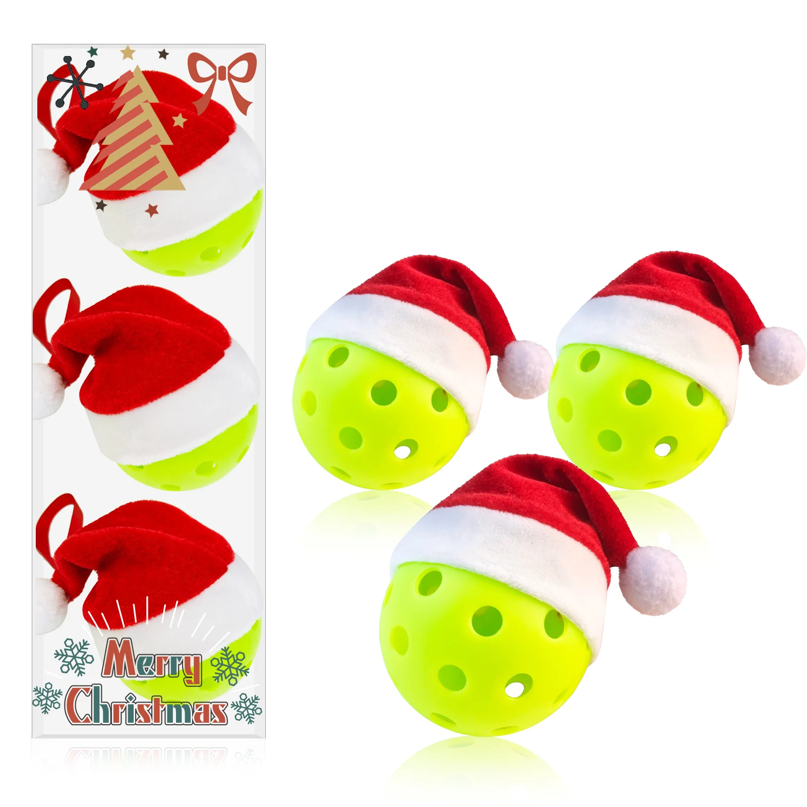 

3Pcs/Box Pickleball Balls with Detachable Santa Hats Pickleball Balls with 40 Holes Outdoor Pickleball Set Santa Christmas Tree