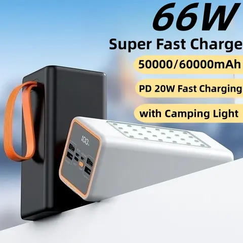 슈퍼 용량 60000mAh 보조베터리 66W iPhone 16용 고속 충전 Xiaomi Samsung 보조베터리(캠핑 라이트 외장 배터리 포함)