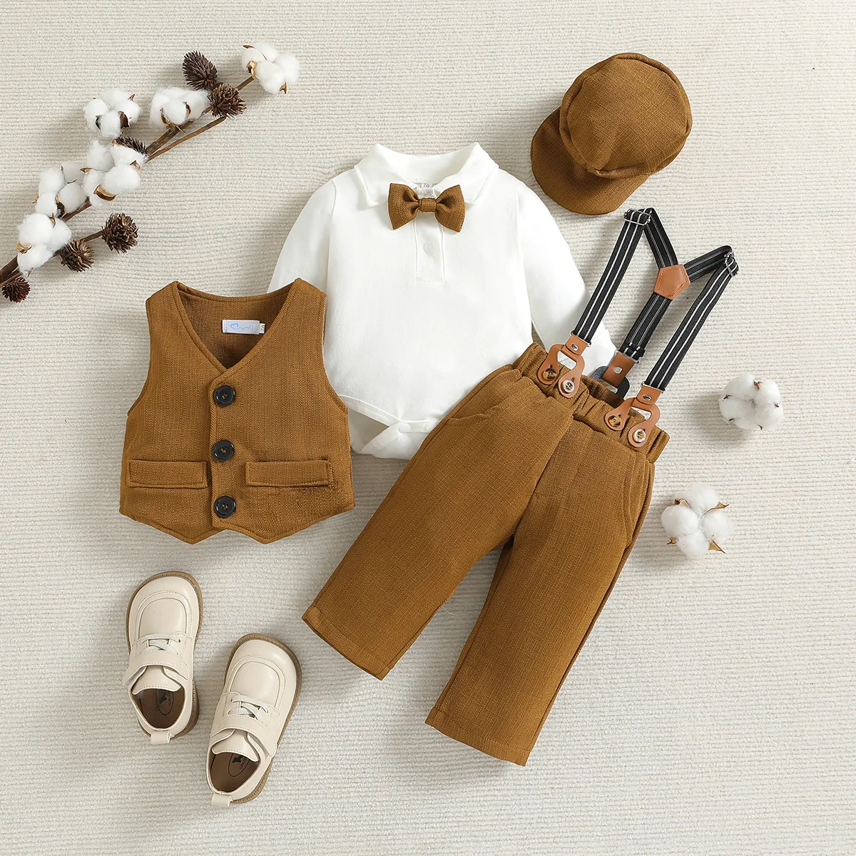 4Piece Spring Autumn Toddler Boy Clothing Korean Fashion Gentleman Tie Bodysuit+Vest+Pants+Hat Newborn Clothes Baby's Sets BC782