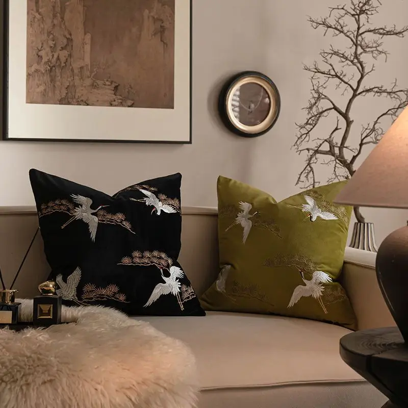 

Chinese Embroidered Pillowcase Home Decor Living Room Sofa Chair Cushion Cover Pine Crane Throw Pillows Covers Decorative