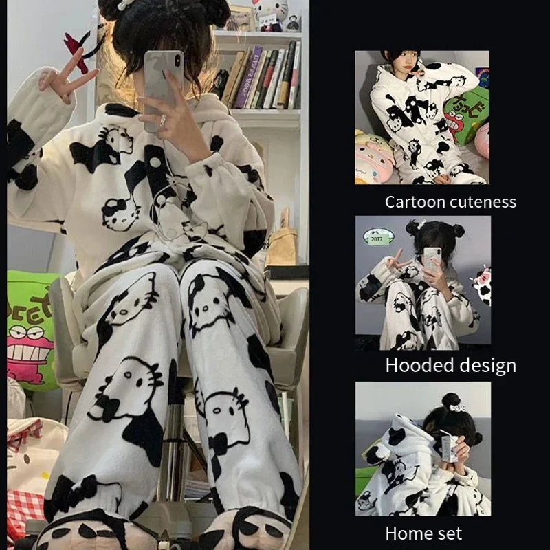 Ensemble de pyjama en peluche Hello Kitty pour femme, vêtements de maison à capuche, pantalon en Y épais, dessin animé mignon, mignon, Kawaii, Sanurgente, hiver, 2 pièces