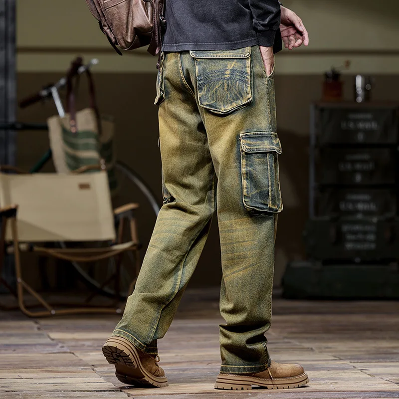 

2025 men's outdoor multi-pocket tooling jeans, loose straight, new wear-resistant elastic jeans