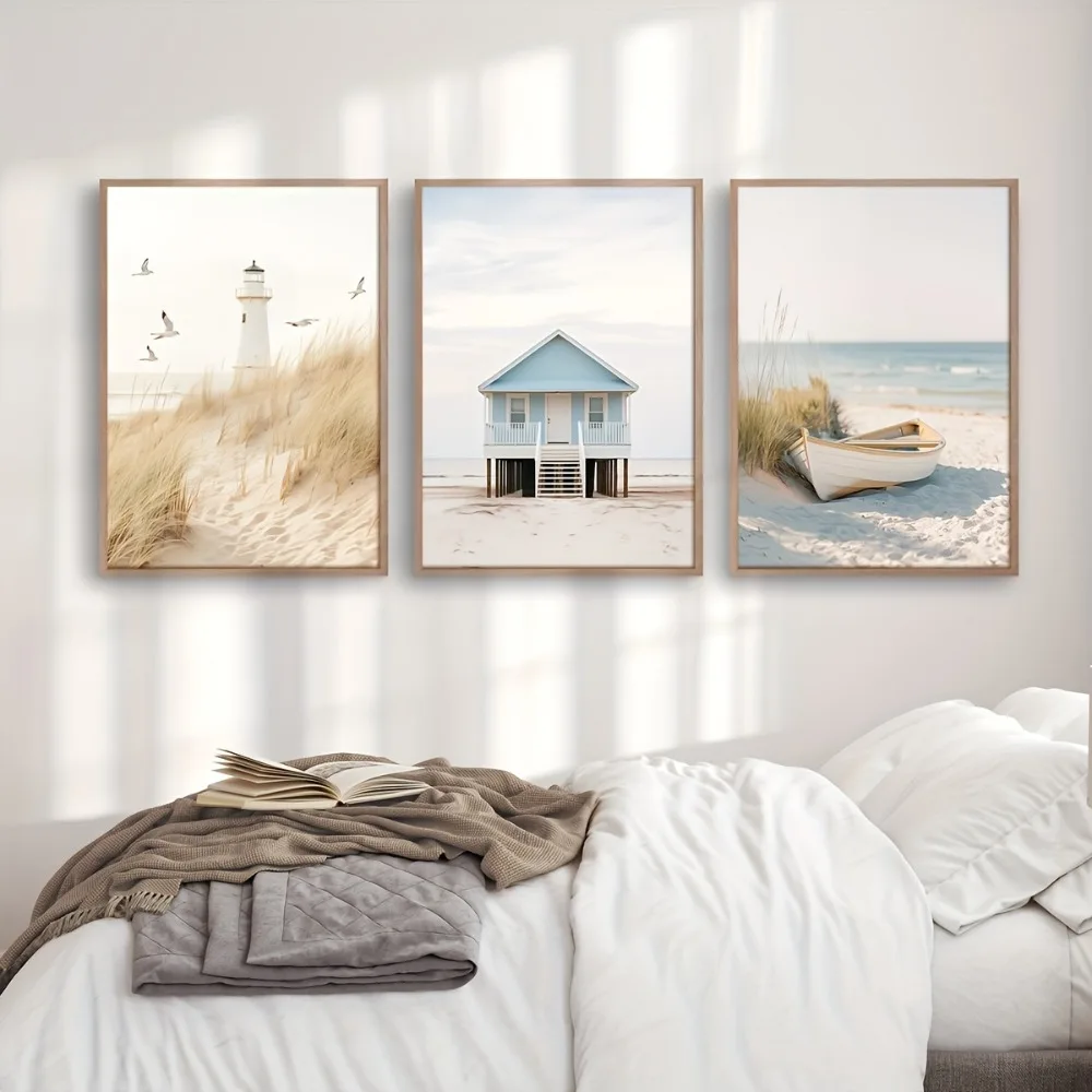 3pcs Frameless Canvas Posters,Printing Summer Beaches,Lighthouses,Cottages,Boats,Wall Canvas Paintings,Bedroom Living Room Decor