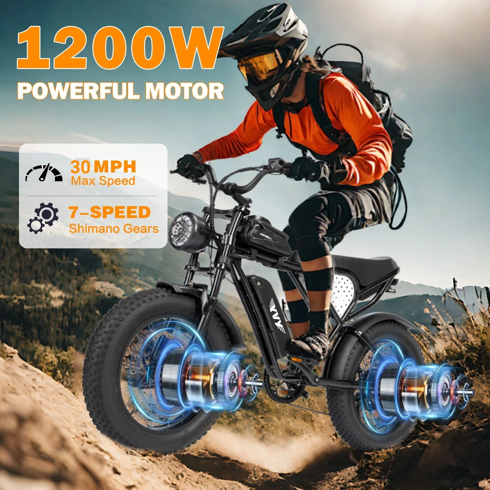 YVY 1200W 48V Elektrofahrrad für Erwachsene 15,6Ah Akku Offroad Touring City Trail 20*4 Zoll Fat Tire Snow City Pendler E-Bike