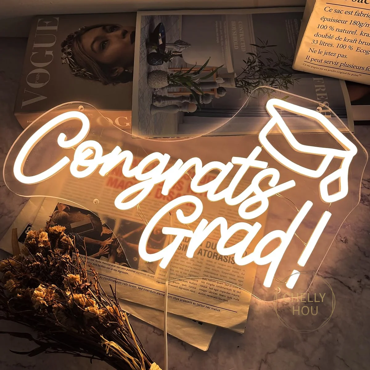 Congrats Grad Neon Sign with Graduation Cap LED Wall Art for Party Room Home Decor Celebration Light Gift