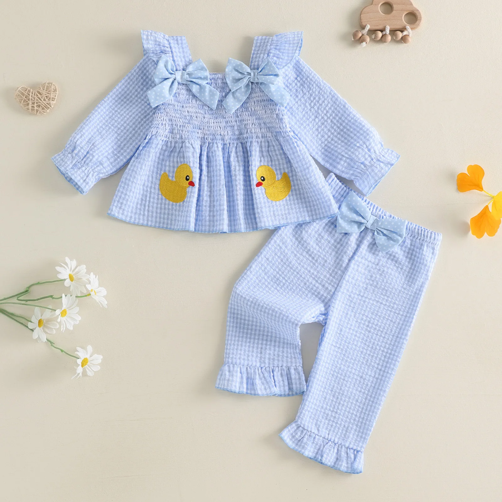 Cute Toddler Baby Girl Plaid Outfit Long Sleeve Smocked Bow Shirt Tops Pants 2 Pcs Autumn Clothes Set