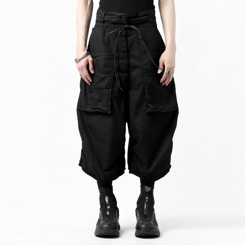 

Dark Style Wax Surface Coating Asymmetric Multi-Button Bag Cropped Hip Hop Loose Casual Working Pants Men's Fashion Harajuku