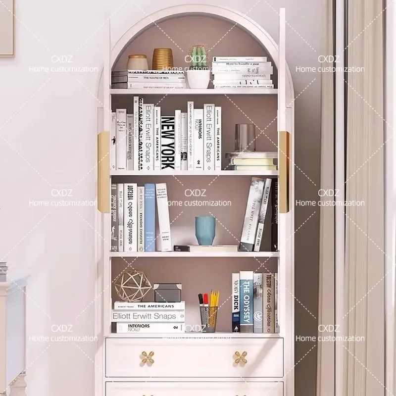 American Solid Wood Bookcase European Arch Curved Retro Bookshelf Display Storage Cabinet Furniture