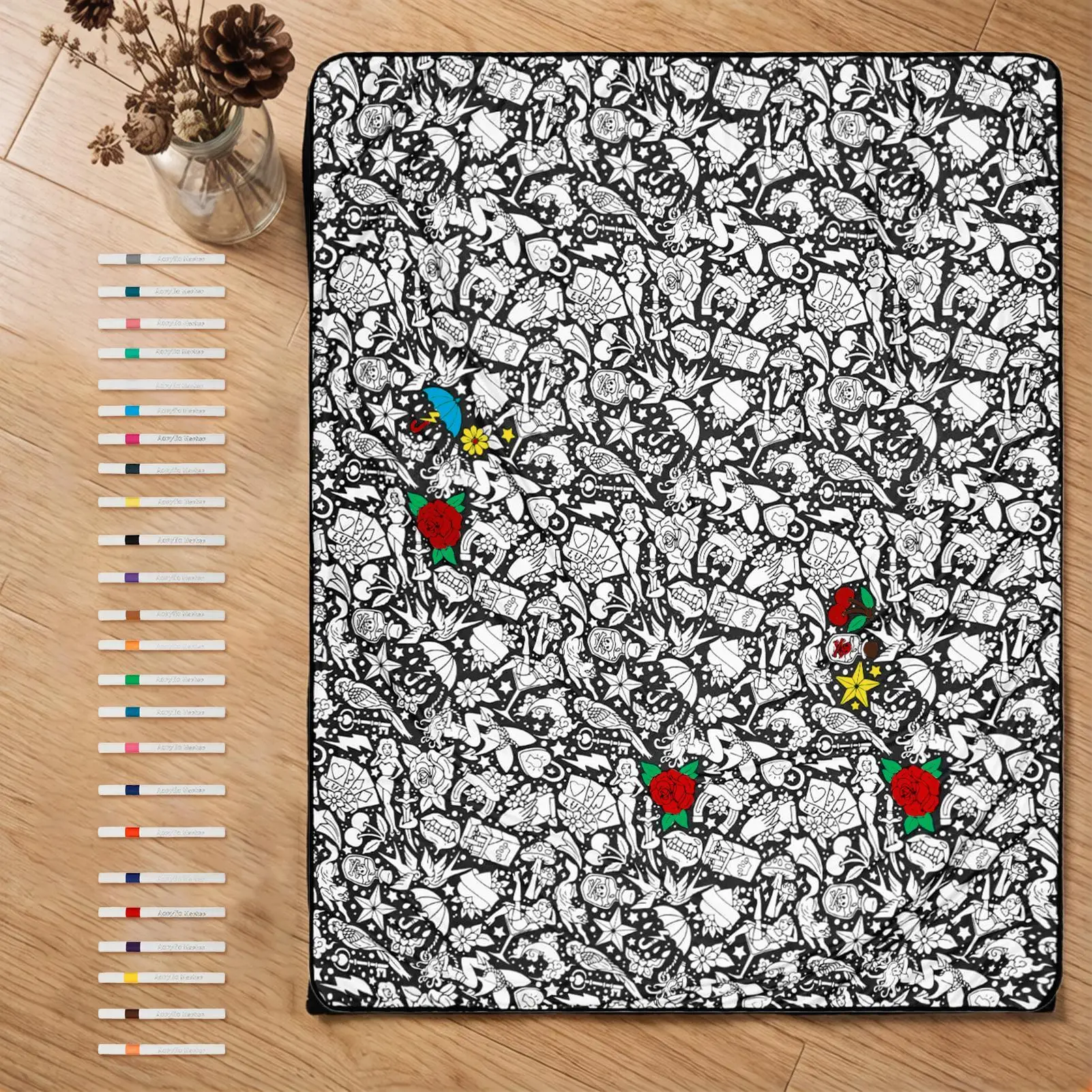 DIY Coloring Blanket 150x115cm Washable Reusable Throw With 24 Markers Color Your Own Blanket For Adults Kids DIY Crafts Travel