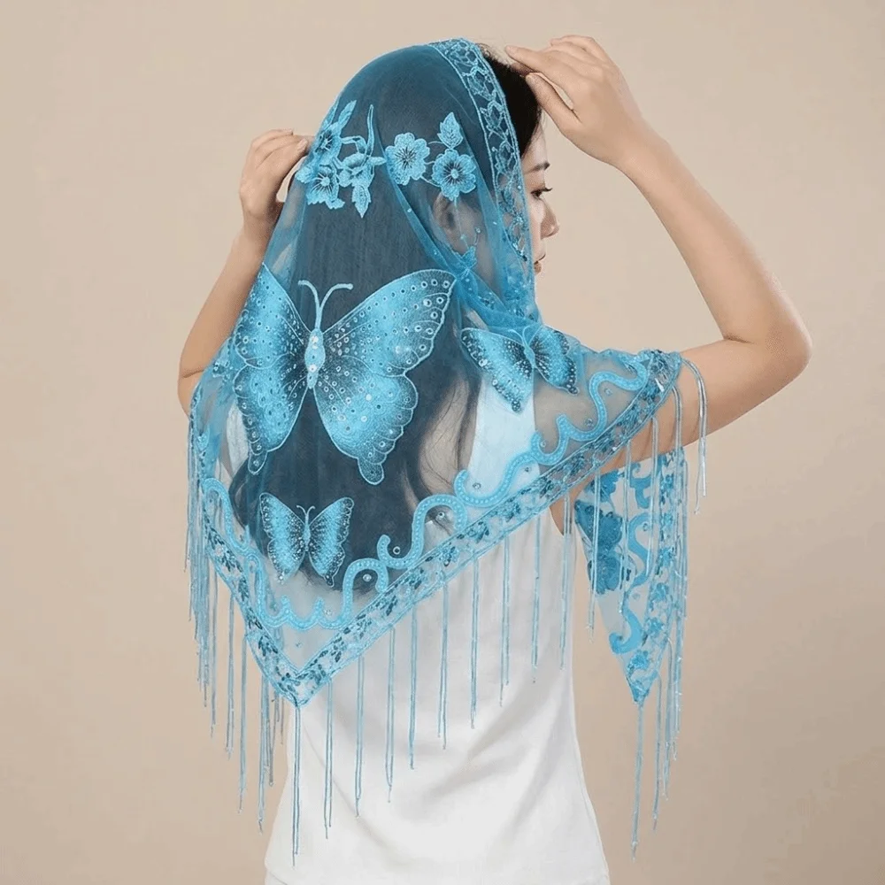 Luxury Flower Lace Hollow Scarf Butterfly Polyester Tassel Triangle Shawl Transparent White Mesh Scarves Wedding