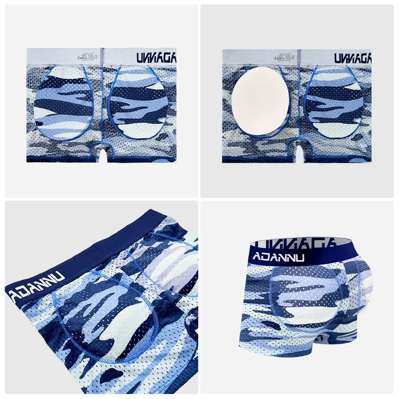 الرجال التمويه شبكة الورك وسادة زاوية مسطحة السراويل الملابس الداخلية الملاكم القطن لينة السراويل مرونة عالية شريط مرن الذكور سراويل