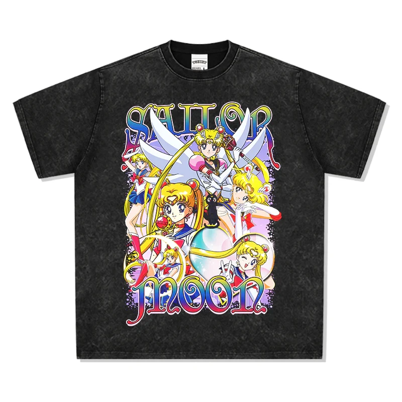 

Sailor Moon Japanese Anime Cotton Y2K Washed T-shirt Summer Men and Women Anime Enthusiasts Fashion Retro Short Sleeve Shirt