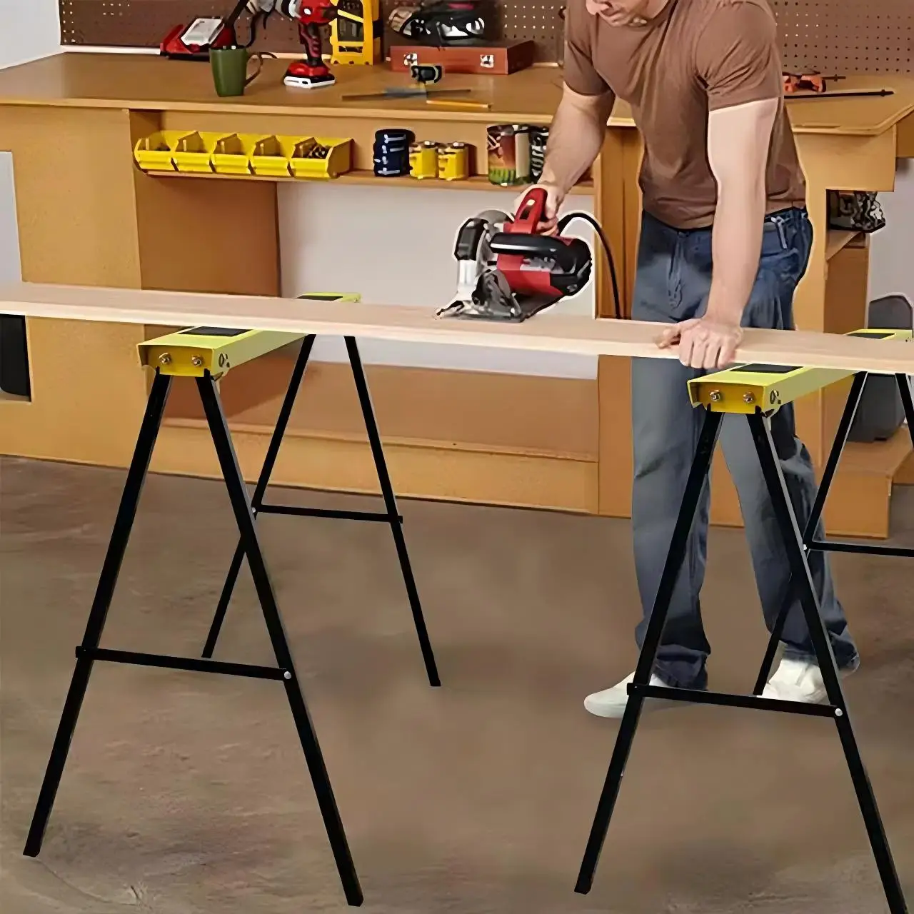 2 Pack Portable Folding Sawhorse, Saw Horse Brackets Steel Folding Sawhorse Legs w/handle For Carpenters Woodworking Tool