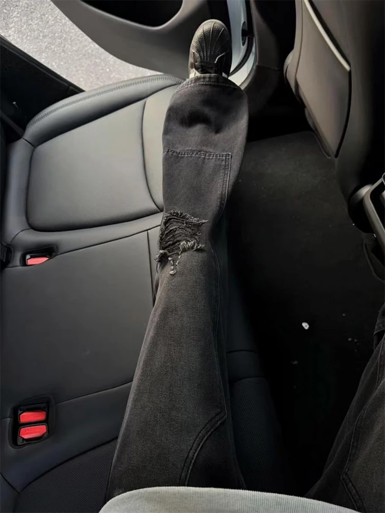 

Black Hole Ripped Jeans Men's Trendy Brand Handsome Winter High Street Straight Leg Workwear Pants Design Sense Bell Bottoms